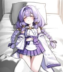  1girl absurdres blanket blush braid closed_eyes commentary_request crescent crescent_hair_ornament detached_sleeves feet_out_of_frame from_above hair_intakes hair_ornament hair_ribbon hairband hakama hakama_skirt highres japanese_clothes korean_commentary low_twin_braids lying myeolchi nontraditional_miko on_back pillow purple_hair purple_hairband purple_hakama purple_ribbon ribbon signature skirt sleeping sleeves_past_fingers sleeves_past_wrists solo thigh_gap thighs trickcal twin_braids wide_sleeves yomi_(trickcal) 