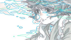 1girl air_bubble bubble closed_mouth empty_eyes floating_hair green_eyes green_kimono grey_hair highres japanese_clothes kimono looking_ahead muted_color portrait short_hair sketch smile solo touhou uewtsol underwater wakasagihime white_background 
