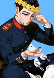  1boy belt_pouch bird bird_on_hand black_eyes black_hair blue_background blue_jacket blue_pants closed_mouth commentary_request facial_hair flower flower_wreath gaiters goatee golden_kamuy hair_slicked_back head_wreath highres imperial_japanese_army indian_style jacket light_smile long-tailed_tit long_sleeves looking_at_animal male_focus military_uniform montutu_yupii ogata_hyakunosuke pants pouch scar scar_on_cheek scar_on_face short_hair simple_background sitting solo tit_(bird) very_short_hair yellow_flower 