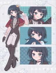  1girl bang_dream! bang_dream!_it's_mygo!!!!! black_boots black_choker black_gloves black_hair black_pants black_vest blue_background blue_eyes blush boots capelet choker closed_mouth commentary_request drink_carton gloves heart highres knee_boots multiple_views open_mouth pants red_capelet tearing_up terisa52853 timoris_(bang_dream!) two-tone_pants vest white_background white_pants yahata_umiri 