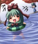  blush chibi cucumber green_hair hat kagiyama_hina kawashiro_nitori ribbon ribbons touhou 