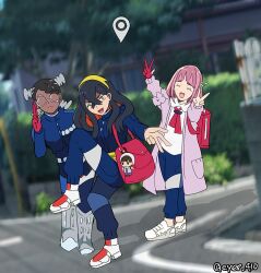  3girls ;d amarys_(pokemon) artist_name backpack bag black_hair blue_jacket blue_pants blueberry_academy_school_uniform blurry blurry_background breasts cardigan carmine_(pokemon) character_doll closed_eyes commentary crossed_bangs dark-skinned_female dark_skin doll florian_(pokemon) glasses gloves grey_hair hair_between_eyes hair_ornament hairband hairclip high_school_girls_posing_for_google_street_view_(meme) highres jacket lacey_(pokemon) medium_breasts meme mole mole_under_eye multicolored_hair multiple_girls one_eye_closed open_mouth pants partially_fingerless_gloves pink_cardigan pink_hair pokemon pokemon_scarlet_and_violet red_bag red_gloves red_hair rem_(eyes_410) school_uniform shoulder_bag single_glove smile thick_eyebrows tongue twitter_username two-tone_hair uva_academy_school_uniform v w yellow_eyes yellow_hairband 