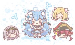 4girls :3 :d ^_^ aki_rosenthal animal_ear_fluff animal_ears bicorne black_hat blonde_hair blue_hair blue_skirt blush_stickers boots braid brown_boots center_frills chibi closed_eyes closed_mouth colored_shadow commentary_request eyepatch flower flying_sweatdrops frills fur-trimmed_boots fur_trim grey_hair hair_flower hair_ornament hair_ribbon hands_up hat headphones heart heart_background highres hololive houshou_marine long_hair mitarashi_neko motion_lines multicolored_hair multiple_girls parted_bangs pleated_skirt pointy_ears red_hair red_ribbon ribbon shadow shirogane_noel shirt skirt smile streaked_hair thigh-highs thighhighs_under_boots twintails very_long_hair virtual_youtuber white_background white_flower white_shirt white_thighhighs yukihana_lamy yukihana_lamy_(1st_costume) 