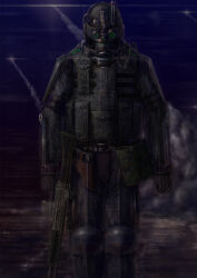  1boy absurdres ammunition_pouch armor assault_rifle belt_pouch bulletproof_vest contrail english_commentary exoskeleton gloves gun hammk highres holding holding_gun holding_weapon knee_guards male_focus military military_operator night_vision_device original pouch rifle science_fiction shoulder_guard solo upper_body weapon 