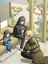  1boy 2girls a_certain_sinclair_(project_moon) absurdres aged_up animal_on_shoulder araya_(project_moon) architecture arm_on_knee arm_on_thigh belt bird bird_on_shoulder black_belt black_eyes black_hair black_jacket black_pants black_sleeves blonde_hair blue_hair blue_kimono blunt_bangs blunt_tresses bonsai closed_mouth co_duck coat cross-laced_shoes east_asian_architecture eyelashes full-length_zipper green_coat green_sleeves hands_up highres hime_cut jacket japanese_clothes kimono knee_up limbus_company long_hair long_sleeves looking_at_another low_ponytail multicolored_hair multiple_girls pants ponytail project_moon red_eyes ryoshu_(project_moon) shoes sinclair_(project_moon) sitting smile squatting streaked_hair track_jacket track_pants trench_coat tsurime turtleneck turtleneck_jacket white_shoes zipper 