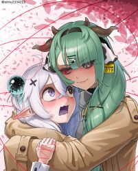  2girls absurdres ahoge animal_ears aquwa bell black_eyes blue_hair blush brown_coat coat colored_sclera colored_tongue commentary cow_ears cow_girl cow_horns cowbell crelly ear_tag english_commentary green_hair grey_sclera hair_ornament hairband heterochromia highres horns hug indie_virtual_youtuber long_hair long_sleeves looking_at_another multicolored_hair multiple_girls nihto open_mouth petals pointy_ears purple_tongue red_eyes shirt side_ponytail smile split-color_hair surprise_hug surprised two-tone_hair violet_eyes virtual_youtuber white_hair white_shirt x_hair_ornament yuri 