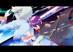  2boys alternate_universe arm_up atltax_00 battle black_capelet blonde_hair capelet commentary_request duel_disk eyes_visible_through_hair facing_away facing_to_the_side highres japanese_clothes kimono letterboxed light_particles male_focus multiple_boys purple_kimono red_eyes saionji_neiru semi-rimless_eyewear shirt sougetsu_gakuto sparks two-tone_background under-rim_eyewear violet_eyes white-framed_eyewear white_shirt wind yu-gi-oh! yu-gi-oh!_sevens 
