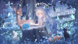  1girl absurdres animal bare_shoulders blue_eyes bug butterfly cat chinese_commentary commentary_request commission deer dress flower fountain frilled_dress frills gloves hair_ornament halo head_on_hand head_rest head_wreath highres long_hair meteor_shower original palace pantyhose rabbit ribbon second-party_source shoes slime_(creature) smile squirrel tree tree_stump umehara_sei white_gloves white_hair white_pantyhose 