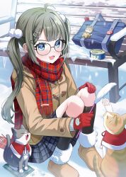  1girl ahoge animal_hands animal_print bag bench black_socks blue_eyes boots breath can canned_food capelet cat cat_hair_ornament cat_print cat_teaser checkered_clothes checkered_scarf checkered_skirt cold commentary dot_nose fang fringe_trim fur_boots glasses gloves grey_cat hair_ornament hairclip highres holding holding_cat_teaser icicle knee_up kneehighs long_hair long_sleeves meowing multicolored_scarf multiple_cats open_mouth orange_cat original paw_print paw_up pet_food pleated_skirt pom_pom_(clothes) pom_pom_hair_ornament prock red_capelet red_gloves red_scarf scarf sitting skirt snow socks solo_focus tuxedo_cat twintails untranslatable_commentary winter 