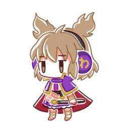  1girl bracelet brown_hair cape commentary_request earmuffs full_body jewelry lowres medium_hair pointy_hair purple_cape purple_skirt sheath sheathed simple_background skirt socha solo sword touhou toyosatomimi_no_miko transparent_background weapon 