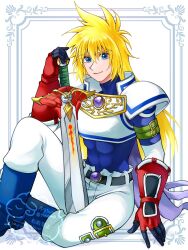  1boy abs armor blonde_hair blue_eyes bob_cut border breastplate commentary_request double-parted_bangs feet_out_of_frame gloves hair_between_eyes highres long_hair male_focus muscular ornate_border pants pauldrons planted planted_sword red_gloves shoulder_armor simple_background sitting smile stahn_aileron sword tales_of_(series) tales_of_destiny twitter_username watermark weapon white_background white_pants yuu_(yuuowo) 