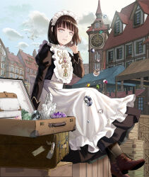  1girl apron bird black_dress black_hair blue_sky bob_cut box briefcase brown_shoes building clouds cloudy_sky commentary day dress eliya_einzig frilled_apron frills gem grey_eyes house housekishou_no_maid jewelry keiko_(mitakarawa) long_sleeves looking_to_the_side maid maid_apron maid_headdress outdoors puffy_sleeves shoes sky smile solo thigh-highs tower waist_apron white_apron wooden_box wrist_cuffs 