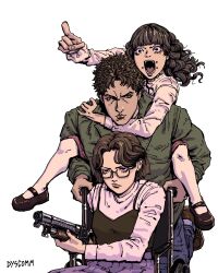  1boy 2girls artist_name brown_hair brown_shoes camisole camisole_over_clothes carrying closed_mouth commentary commission dyscomm english_commentary face_piercing fear_&amp;_hunger_(series) fear_&amp;_hunger_2:_termina green_jacket gun highres holding holding_gun holding_weapon jacket long_hair long_sleeves marcoh_(fear_&amp;_hunger) marina_(fear_&amp;_hunger) mary_janes mouth_piercing multiple_girls olivia_(fear_&amp;_hunger) open_mouth piercing piggyback pink_shirt pink_skirt pointing purple_skirt pushing_wheelchair shirt shoes short_hair shotgun simple_background skirt weapon wheelchair white_background white_shirt 