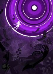  1boy commentary daydreeaaaming debris dome facing_up floating furisode genshin_impact heart highres indoors japanese_clothes kimono levitation male_focus mechanical_arms mechanical_hands midair mitsudomoe_(shape) outstretched_arms purple_background purple_rope purple_theme rope scaramouche_(genshin_impact) scaramouche_(shouki_no_kami)_(genshin_impact) shimenawa shorts solo spread_arms tomoe_(symbol) vortex white_rope 