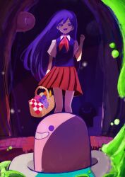  1girl absurdres collared_shirt commentary_request double-parted_bangs hair_between_eyes highres holding_picnic_basket humphrey_(omori) long_hair looking_at_viewer mari_(headspace)_(omori) mari_(omori) neckerchief omori picnic_basket purple_hair purple_sweater_vest red_neckerchief shirt short_sleeves standing sweater_vest teeth tongue very_long_hair violet_eyes white_shirt yu_kuli 