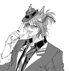  1boy animal_ears collared_shirt commentary_request forever_young_(umamusume) genderswap genderswap_(ftm) grey_background hat highres horse_boy horse_ears jacket mini_hat monochrome necktie ni_kogori one_eye_closed ponytail recursive_genderswap shirt sleeves_rolled_up smile sunglasses umamusume white_background 