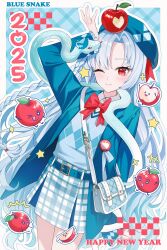  1girl absurdres apple apple_on_head aqua_hair bag belt bitten_apple blazer blue_background blue_belt blue_hat blue_skirt blue_snake blue_sweater_vest border braid checkered_clothes checkered_skirt collar collared_shirt commentary dated dot_nose food food_bite fruit gold_buckle hair_tie happy_new_year hat highres jacket long_hair new_year one_eye_closed original prock red_eyes red_ribbon ribbon shirt shoulder_strap simple_background single_braid skirt smile snake snake_on_shoulder snake_print snake_wrapped_around_body solo_focus star_(symbol) sweater_vest two-tone_skirt untranslatable_commentary very_long_hair white_border white_shirt 