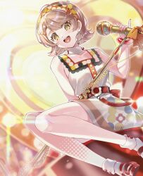  1girl :d bare_arms bare_shoulders brown_hair collar commentary_request detached_collar dress earrings from_below highres holding holding_microphone_stand hoop_earrings idol idol_clothes idolmaster idolmaster_shiny_colors idolmaster_shiny_colors_song_for_prism ikuta_haruki jewelry knees_together_feet_apart lonlonl17635238 looking_at_viewer medium_dress medium_hair microphone microphone_stand official_alternate_costume official_alternate_hairstyle polka_dot polka_dot_dress polka_dot_hairband red_shoes shoes sitting sleeveless sleeveless_dress smile solo straight_hair teeth upper_teeth_only white_collar yellow_eyes 
