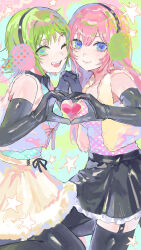  2girls ;d absurdres aegyo_sal aqua_shirt bare_shoulders black_gloves black_pantyhose black_ribbon black_skirt black_thighhighs blue_eyes bow breasts cheek-to-cheek closed_mouth commentary_request cowboy_shot cross-laced_clothes cross-laced_skirt earmuffs elbow_gloves feet_out_of_frame frilled_skirt frills fur-trimmed_skirt fur_jacket fur_trim garter_straps gloves green_eyes green_hair gumi hands_up happy_synthesizer_(vocaloid) heads_together heart heart_hands heart_hands_duo heart_in_heart_hands highres holding_hands interlocked_fingers jacket jumping kani_samurai lips long_hair looking_at_viewer megurine_luka miniskirt multiple_girls one_eye_closed open_clothes open_jacket pantyhose pink_bow pink_hair pink_jacket pink_shirt polka_dot polka_dot_shirt ribbon ribbon-trimmed_skirt ribbon_trim shirt short_hair simple_background skirt sleeveless sleeveless_jacket small_breasts smile standing star_(symbol) strapless strapless_shirt thigh-highs vocaloid yellow_jacket yellow_skirt zettai_ryouiki 