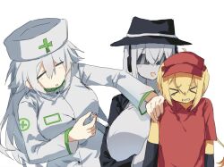  >_< 3girls :d black_hat black_sleeves blush_stickers boob_injection_(meme) breasts caretaker_(die_of_death) chance_(forsaken) closed_eyes collared_shirt colored_skin commentary_request detached_sleeves die_of_death drfghugfg34956 elliot_(roblox) fedora forsaken_(roblox) genderswap genderswap_(mtf) genderswap_(otf) hair_between_eyes hat headphones highres holding holding_syringe humanization large_breasts long_hair long_sleeves looking_at_another lossy-lossless medical_scrubs medium_breasts meme messy_hair multiple_girls nurse nurse_cap open_mouth red_shirt roblox shirt short_sleeves sidelocks simple_background smile standing sunglasses syringe thai_commentary third-party_edit upper_body visor_cap white_background white_hair white_skin yellow_skin 