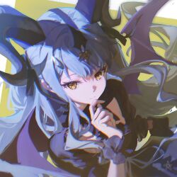  1girl arknights bang_dream! bang_dream!_it's_mygo!!!!! black_horns blue_hair closed_mouth commentary_request congqian_you_ke_xing curled_horns demon_horns demon_wings dress finger_to_own_chin frilled_sleeves frilled_wrist_cuffs frills from_above highres horns long_hair looking_at_viewer purple_dress solo togawa_sakiko togawa_sakiko_(master_of_melodia) wings wrist_cuffs yellow_eyes 