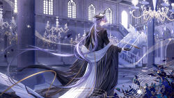  1boy absurdly_long_hair absurdres arknights back_cutout black_gloves black_robe black_wings chandelier chinese_commentary clothing_cutout commentary_request english_commentary frost_bell full_body gloves head_wings highres horns indoors logos_(arknights) logos_(radiant_serenity)_(arknights) long_hair long_sleeves looking_at_viewer looking_back male_focus mixed-language_commentary musical_staff purple_hair red_eyes reflection robe smile solo stairs very_long_hair wand wide_sleeves window wings 