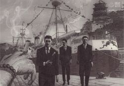  3boys artbypizza character_request cigarette commentary highres holding holding_cigarette jacket kagurabachi katana monochrome multiple_boys necktie out_of_frame pants real_life ship shirt short_hair smoke suit suit_jacket sword watercraft weapon 