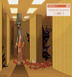  0kame-san 1boy 1girl abstraction_(the_amazing_digital_circus) backrooms_(creepypasta) colored_teeth dreamcore error_message frown full_body furry furry_male gangle_(the_amazing_digital_circus) glitch gloves grin highres jax_(the_amazing_digital_circus) mask overalls rabbit_boy ribbon smile standing the_amazing_digital_circus walking window_(computing) yellow_teeth 
