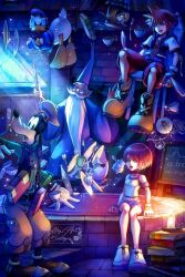  1girl armband bare_shoulders beard bird blue_eyes book book_stack brown_hair candle candlelight candlestand cup dim_lighting donald_duck facial_hair floating floating_object fork full_body goofy highres holding holding_wand hollypolllyy in-universe_location indoors jewelry kairi_(kingdom_hearts) kingdom_hearts kingdom_hearts_i levitation long_beard magic merlin_(the_sword_in_the_stone) necklace nomura_tetsuya_(style) owl plate pointy_hair purple_armband red_hair round_eyewear sora_(kingdom_hearts) sparkle spiky_hair spoon surprised table tank_top teacup very_long_beard wand white_tank_top wizard wristband 