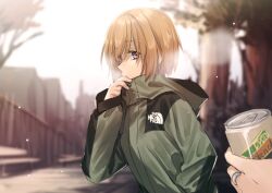  2girls alternate_costume aoba_chika blurry blurry_background breath can commentary_request drink_can green_jacket hand_in_pocket hand_up holding holding_can jacket jewelry long_sleeves looking_at_viewer magia_record:_mahou_shoujo_madoka_magica_gaiden mahou_shoujo_madoka_magica miura_asahi multiple_girls orange_hair outdoors pov pov_hands profile ring road short_hair solo_focus street the_north_face tree violet_eyes yukishiro_(hitsuji) 
