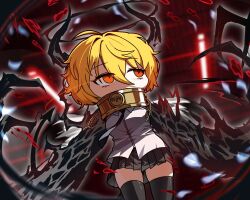  1girl black_claws black_hands black_necktie black_skirt black_thighhighs blonde_hair broken broken_chain cape chain chibi claws collar colored_extremities commentary_request demon_girl demon_tail don_quixote_(project_moon) e.g.o_(project_moon) gloves gold_collar halo highres horns index_(identity)_(project_moon) jacket korean_commentary limbus_company long_sleeves looking_at_viewer muze_sinsa necktie procuration_(e.g.o) project_moon shirt short_hair skirt solo tail thigh-highs white_cape white_shirt yellow_eyes 