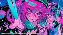  1girl 2026 blue_eyes blue_nails btmr_game cd corrugated_galvanized_iron_sheet dj eyelashes hair_between_eyes hair_ornament hatsune_miku headphones headphones_around_neck highres jacket jewelry long_hair long_sleeves looking_at_viewer megurine_luka multiple_rings nail_polish official_art open_clothes open_jacket project_sekai ring solo turntable upper_body vinyl_record vocaloid 