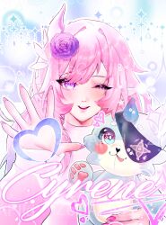  1girl ;o absurdres anaxa_(honkai:_star_rail) animal character_name chimera_(honkai:_star_rail) commentary cyrene_(honkai:_star_rail) diamond-shaped_pupils diamond_(shape) dress flower hair_flower hair_ornament highres holding holding_animal honkai:_star_rail honkai_(series) long_hair looking_at_viewer one_eye_closed pink_hair pointy_ears smile solo symbol-shaped_pupils turtleneck turtleneck_dress very_long_hair violet_eyes vrncpf5te2cxw02 