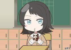  1girl absurdres bang_dream! bang_dream!_it's_mygo!!!!! black_hair blue_eyes brown_dress chair commentary desk dress drink_carton drinking_straw drinking_straw_in_mouth hanasakigawa_school_uniform highres holding holding_drink_carton kana_(user_wyka3887) medium_hair sailor_collar sailor_dress school_chair school_desk school_uniform sitting solo white_sailor_collar yahata_umiri 