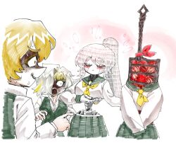 1boy albina_(project_moon) blonde_hair cable_hair horse_tail kromer_(project_moon) limbus_company long_hair non-web_source project_moon ring_(identity)_(project_moon) robot school_uniform short_hair sinclair_(project_moon) source_request tail udiedguy weapon white_hair