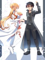  1boy 1girl :d absurdres ankle_boots arm_up artist_name asuna_(sao) bare_shoulders belt black_belt black_boots black_coat black_hair black_pants black_shirt boots braid brown_eyes brown_hair closed_mouth coat commentary_request confetti double-parted_bangs dress from_side full_body grey_eyes hair_between_eyes half_up_half_down_braid highres holding_hands kirito long_coat long_dress long_hair looking_at_viewer looking_to_the_side messy_hair miniskirt multicolored_thighhighs open_clothes open_coat open_mouth pants red_skirt red_thighhighs red_trim shadow shirt short_hair skirt sleeveless sleeveless_dress sleeves_past_wrists smile standing straight_hair sword_art_online thigh-highs tu_tora2 turtleneck turtleneck_dress twitter_username two-tone_thighhighs watermark white_boots white_dress white_sleeves white_thighhighs zettai_ryouiki 