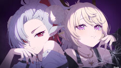  2girls absurdres akashi_(4kc_27) animal_ears antlers bambi_(honk_the_horn) blonde_hair closed_mouth commentary deer_antlers deer_ears deer_girl grey_hair hand_on_own_cheek hand_on_own_face hand_up highres honk_the_horn horns jewelry long_hair looking_at_viewer moco_(honk_the_horn) multicolored_hair multiple_girls necklace portrait purple_background red_eyes red_hair sheep_ears sheep_girl sheep_horns smile two-tone_hair violet_eyes virtual_youtuber 