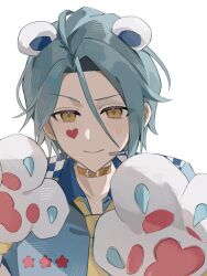  1boy animal_ears animal_hands bear_ears belt_collar blue_hair blue_shirt closed_mouth cocked_eyebrow collar commentary_request ensemble_stars! facial_mark fake_animal_ears fake_claws gloves hair_between_eyes headset heart heart_facial_mark highres kuma_kuma_resq_(ensemble_stars!) long_hair_between_eyes male_focus necktie paw_gloves shirt short_hair simple_background smile solo tojo_kaname tok81_01 upper_body white_background yellow_collar yellow_eyes yellow_necktie 