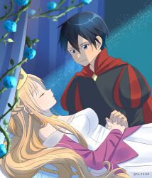  1boy 1girl absurdres alternate_costume artist_name asuna_(sao) bare_shoulders black_hair black_shirt blue_flower blue_rose breasts brown_hair cape closed_eyes commentary_request cosplay crown double-parted_bangs dress flower grey_trim hair_between_eyes hand_grab highres impossible_clothes impossible_dress kirito large_breasts light_particles light_rays long_hair looking_at_another lying messy_hair off-shoulder_dress off_shoulder on_back on_bed own_hands_together prince princess purple_dress red_cape red_shirt rose serious shirt short_hair sleeping sleeping_beauty_(fairy_tale) sleeping_beauty_(fairy_tale_character) sleeping_beauty_(fairy_tale_character)_(cosplay) sword_art_online tu_tora2 twitter_username two-tone_dress two-tone_shirt upper_body watermark wavy_hair white_dress 