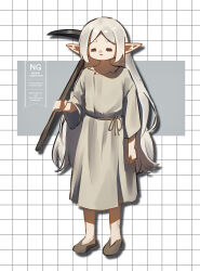  1girl :3 =_= absurdres arc_pic arm_at_side brown_shoes closed_eyes commentary_request dress elf frieren full_body grey_dress grey_hair grid_background hair_down highres holding holding_pickaxe long_hair long_pointy_ears parted_bangs pickaxe pointy_ears rope_belt shoes short_eyebrows sidelocks solo sousou_no_frieren standing thick_eyebrows twitter_username very_long_hair 