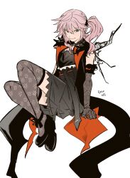 1girl aqua_eyes black_coat black_shoes black_thighhighs coat commentary_request elbow_gloves final_fantasy final_fantasy_xiii full_body garbage_paper gloves highres korean_commentary lace lace_gloves light_blush lightning_returns:_final_fantasy_xiii long_hair looking_at_viewer lumina pink_hair see-through_clothes see-through_thighhighs shoes side_ponytail sleeveless sleeveless_coat smile solo thigh-highs white_background 