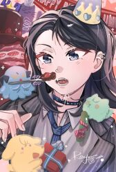  1girl animalization ave_mujica_(bang_dream!) bang_dream! bang_dream!_it's_mygo!!!!! black_choker black_hair black_jacket blue_necktie cat chinese_commentary choker commentary_request cucumber dog ear_piercing feeding gift grey_eyes grey_shirt happy_birthday hat highres jacket medium_hair misumi_uika necktie ocean open_mouth party_hat piercing shirt teeth togawa_sakiko upper_body wakaba_mutsumi yahata_umiri yoyoray20001996 yuutenji_nyamu 