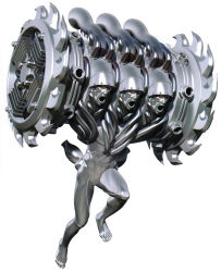  1boy 3d :o barefoot chemtrail_(megami_tensei) circular_saw cyborg demon_(megami_tensei) doi_masayuki exhaust glowing glowing_eyes highres industrial_pipe metal_skin multiple_heads no_pupils non-web_source official_art open_mouth red_eyes rivets running saw shin_megami_tensei shin_megami_tensei_iv shiny_skin simple_background solo third-party_source wheel white_background 