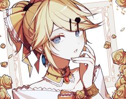  1girl aku_no_meshitsukai_(vocaloid) aku_no_musume_(series) aku_no_musume_(vocaloid) art_waven bare_shoulders blonde_hair blue_eyes blue_gem blush bow bowtie clip_studio_paint_(medium) collarbone commentary detached_collar earrings english_commentary eyes_visible_through_hair falling_petals floral_background flower frilled_bow frilled_bowtie frilled_shirt frills gem hair_bow hair_ornament hairclip hand_on_own_cheek hand_on_own_chin hand_on_own_face hand_up high_ponytail highres jewelry kagamine_rin lips looking_at_viewer nail_polish neck_flower off-shoulder_shirt off_shoulder orange_bow orange_bowtie pale_skin parallel_hairclips parted_lips petals ponytail portrait riliane_lucifen_d'autriche rose shirt short_hair sidelocks simple_background solo swept_bangs vocaloid white_background white_shirt yellow_flower yellow_nails yellow_petals yellow_rose 