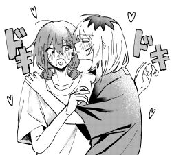  2girls blush closed_eyes commentary girls_band_cry greyscale heart heart_in_mouth highres imminent_kiss iseri_nina kawaragi_momoka long_hair monochrome multicolored_hair multiple_girls nora_dog00 open_mouth roots_(hair) short_sleeves short_twintails simple_background twintails untranslatable_commentary white_background yuri 