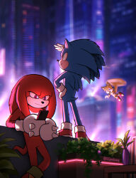  3boys blurry blurry_background building city czy_(2894456992) flying furry furry_male gloves green_eyes highres holding holding_phone knuckles_the_echidna male_focus multiple_boys phone red_eyes skyscraper sonic_(live_action) sonic_(series) sonic_the_hedgehog sonic_the_hedgehog_2_(movie) spiked_gloves table tails_(sonic) twitter_username vase white_gloves 