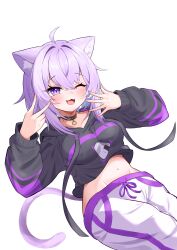  1girl absurdres ahoge animal_collar animal_ear_fluff animal_ears black_collar black_hoodie blush breasts cat_ears cat_girl cat_tail collar commentary_request cropped_hoodie food food_print hair_between_eyes highres hololive hood hood_down hoodie long_sleeves looking_at_viewer midriff navel nekomata_okayu nekomata_okayu_(1st_costume) one_eye_closed onigiri onigiri_print open_mouth purple_hair ramuneco022 shirt short_hair simple_background smile solo stomach tail upper_body violet_eyes virtual_youtuber white_background 