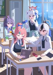  4girls 82jhin absurdres alternate_costume alternate_hairstyle aru_(blue_archive) black_hair blue_archive blue_bow blue_necktie blue_sweater_vest bow cheek_poking classroom clothes_around_waist collared_shirt commentary_request desk double_bun drink_carton drinking eating eraser food gradient_hair grey_hair hair_bow hair_bun halo haruka_(blue_archive) highres indoors jacket juice_box kayoko_(blue_archive) kivotos korean_commentary locker long_sleeves multicolored_hair multiple_girls mutsuki_(blue_archive) necktie open_mouth pencil pleated_skirt pointy_ears poking problem_solver_68_(blue_archive) purple_hair sandwich school_desk school_uniform shirt single_hair_bun sitting skirt sleeping smile standing streaked_hair sweater sweater_around_waist sweater_vest violet_eyes white_hair white_jacket white_skirt 