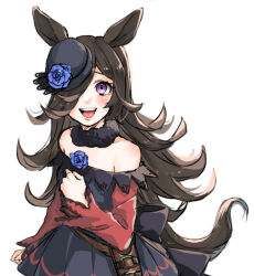  1girl animal_ears bare_shoulders blue_dress blue_flower blue_hat blue_rose blush breasts brown_hair commentary_request dagger dress flipped_hair flower fur_choker hair_over_one_eye hat hat_flower highres horse_ears horse_girl horse_tail knife long_hair long_sleeves looking_at_viewer off-shoulder_dress off_shoulder open_mouth rice_shower_(rosy_dreams)_(umamusume) rice_shower_(umamusume) rose sarachi_(sara_dayluv) sheath sheathed simple_background small_breasts smile solo tail teeth tilted_headwear umamusume upper_teeth_only violet_eyes weapon white_background 