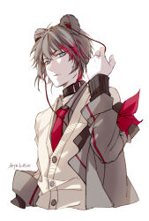  1boy animal_ears arknights bear_boy bear_ears bishounen black_collar blue_eyes brown_hair cardigan collar commentary_request cropped_torso earphones earphones genderswap genderswap_(ftm) hand_up highres jacket ljayu long_sleeves looking_at_viewer male_focus multicolored_hair necktie off_shoulder red_hair red_necktie shirt short_hair simple_background solo streaked_hair upper_body white_background white_cardigan zima_(arknights) 